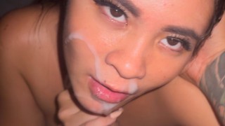 POV hot asian milf deepthroat and cum on her face!