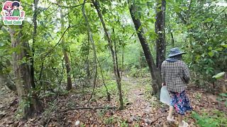 Thai teenager walks around picking mushrooms and gets fucked in the pussy. Thai audio.