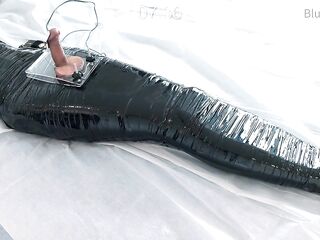 femboy in catsuit and haunch boots self mummified and CBT balls punishment e-stimluation and cum