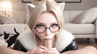 AI Generated - Sexy Blonde Bun Catgirl Sloppy Blowjob