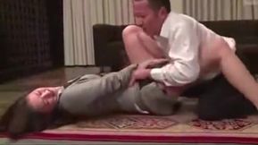 Busty Japanese MILF Takes Hard Boss Pounding, Hubby Watchs Helpless