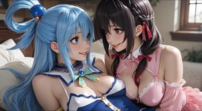 SFW Aqua and yunyun From konosuba soft show touching and kissing lesbian