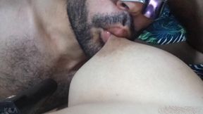 My husband is addicted to sucking my big natural tits, that's why I breastfeed him at any time and let him play my hard nipples