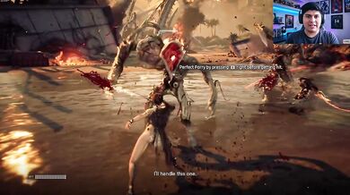 Asian girl slaying monsters with her breasts exposed