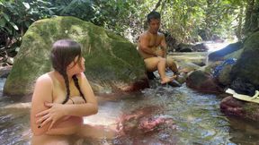 Little dwarf finds a strange woman bathing in the river, gets horny watching her and ends up putting his huge cock in her.