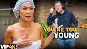 Asian cougar rides young Czech man with her big tits and stockings