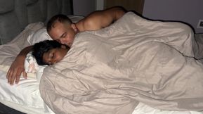 Stepdad wakes up in his stepdaughter's bed and fucks her filling her pussy with cum.